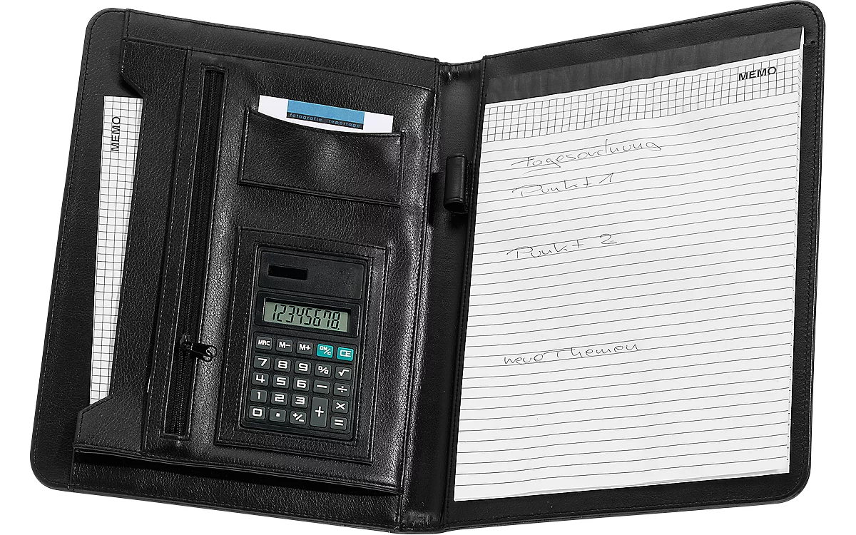 Maletín con calculadora extraíble, bloc de notas formato DIN A4, rayado