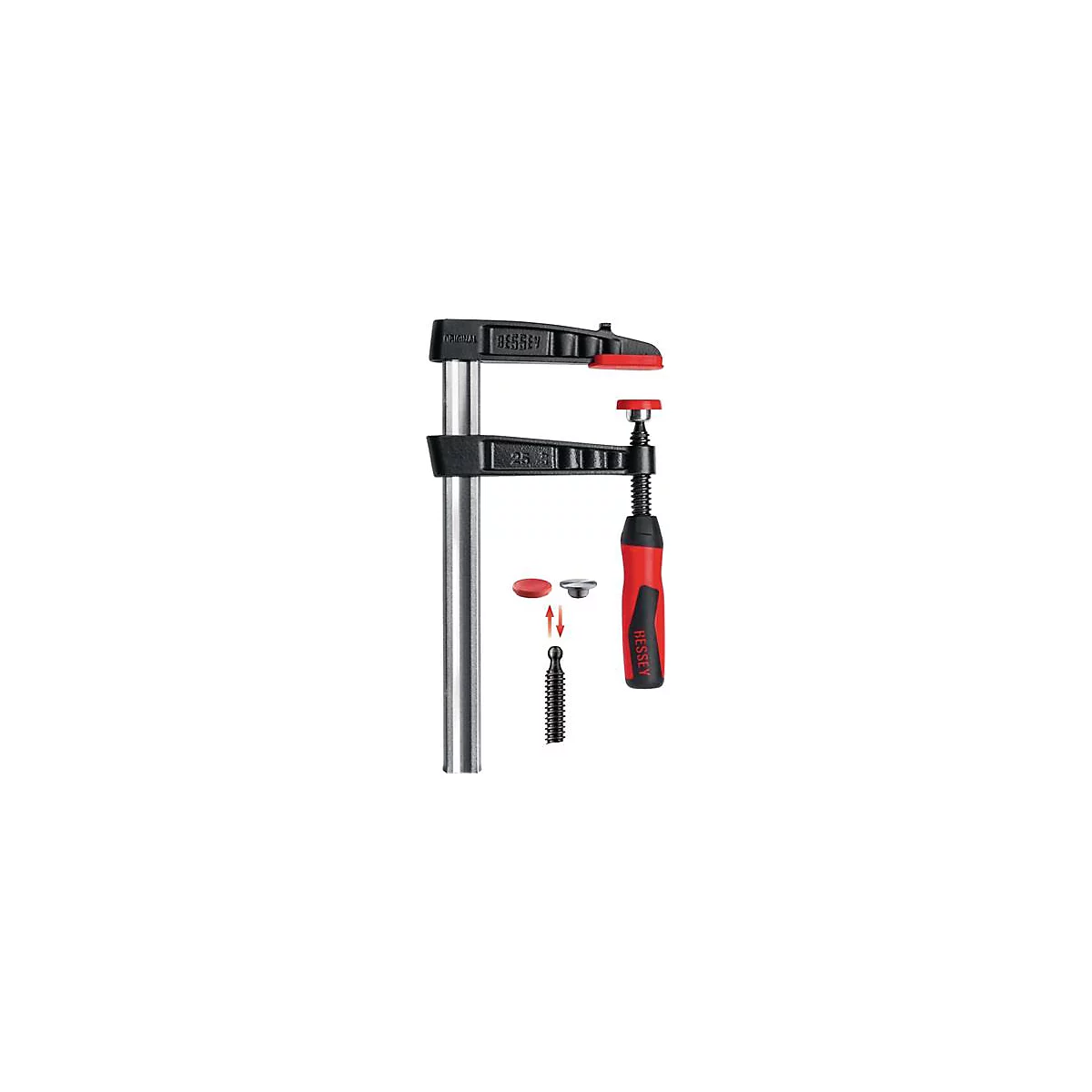 A BESSEY brand screw clamp, black and red, with the individual parts shown.