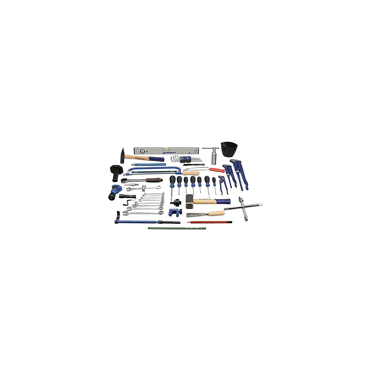 Agencement d'outils sur fond blanc, comprenant marteaux, clés, tournevis et un niveau.