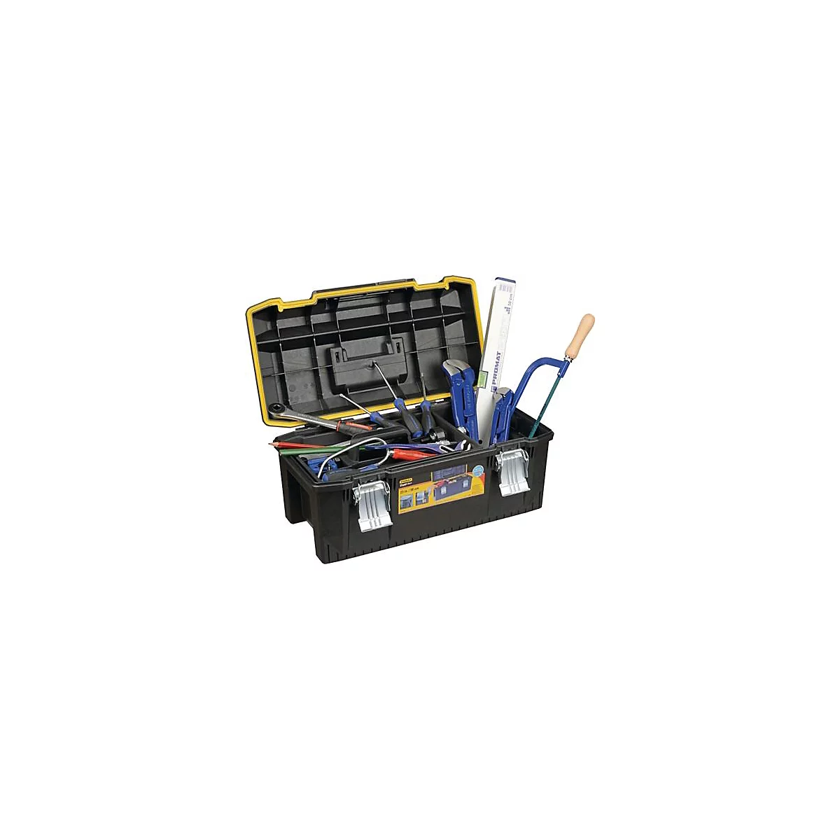 Boîte à outils noire avec couvercle ouvert, remplie de divers outils, notamment des clés, des tournevis et une scie.