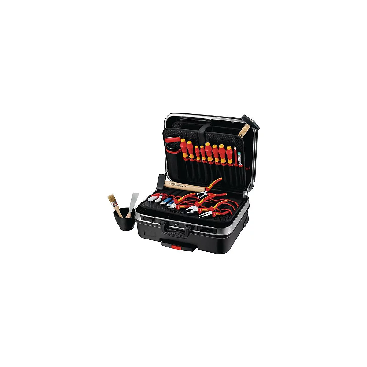 Mallette à outils ouverte avec de nombreux outils : tournevis, pinces, marteau, pinceau.
