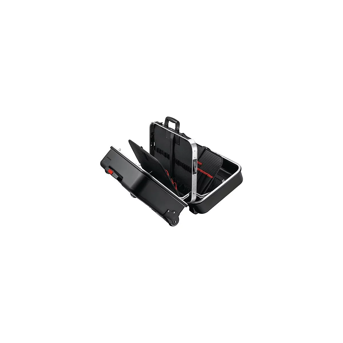 Boîte à outils noire avec roues et couvercle ouvert. Intérieur avec options de rangement et accents rouges.