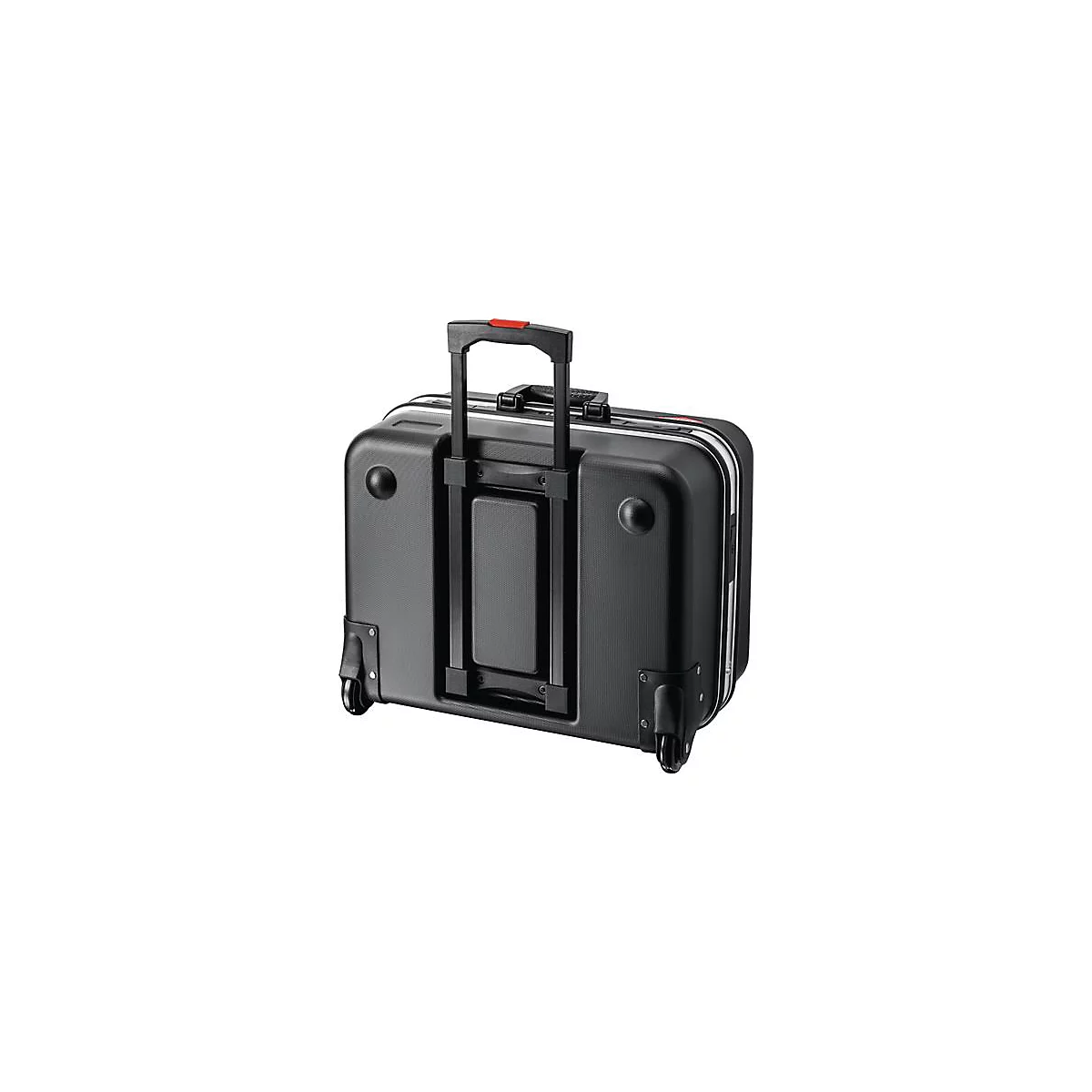 Valise trolley noire avec poignée extensible et accents rouges. Roues et support.