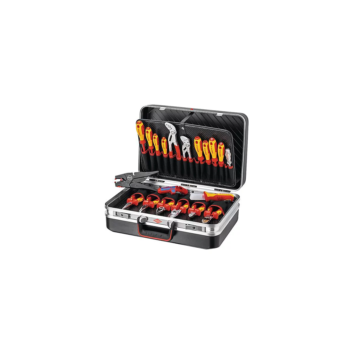 Mallette à outils ouverte avec divers outils: tournevis, pinces, couteaux. Boîtier noir-argenté, poignée rouge, logo Knipex.