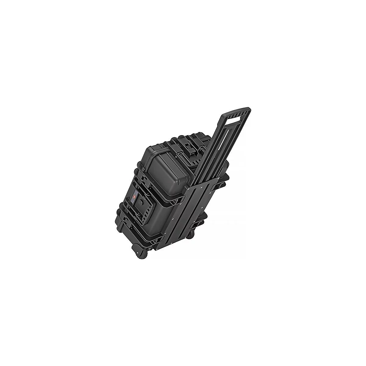 Valise à roulettes noire, avec poignée extensible et deux roues.