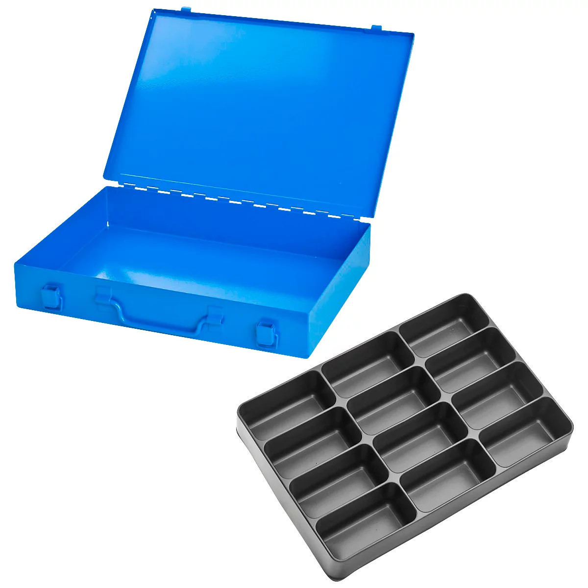 Mallette d'assortiment ADB, vide, 12 compartiments, verrouillable, avec poignée, L 330 x P 230 x H 50 mm, acier &amp; plastique ABS, bleu clair RAL 5012