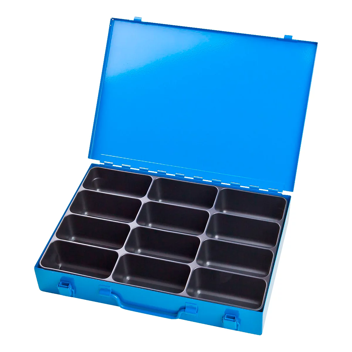 Mallette d'assortiment ADB, vide, 12 compartiments, verrouillable, avec poignée, L 330 x P 230 x H 50 mm, acier &amp; plastique ABS, bleu clair RAL 5012