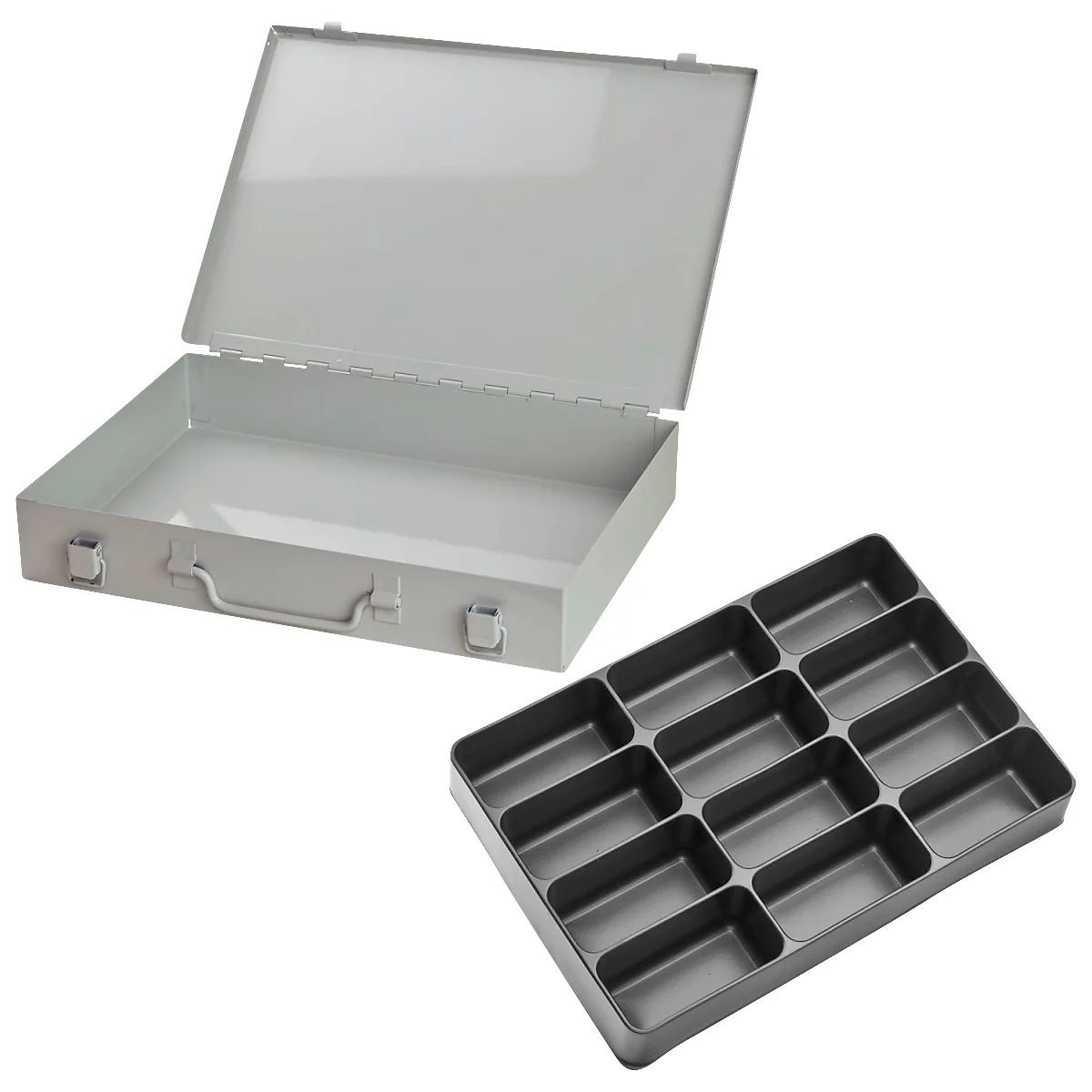 Mallette d'assortiment ADB, vide, 12 compartiments, verrouillable, avec poignée, L 330 x P 230 x H 50 mm, acier &amp; plastique ABS, gris clair RAL 7035