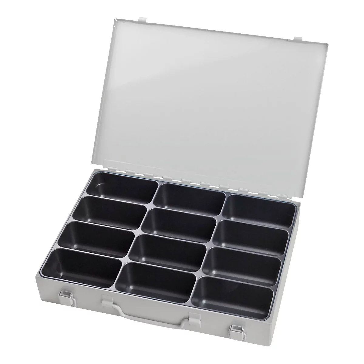 Mallette d'assortiment ADB, vide, 12 compartiments, verrouillable, avec poignée, L 330 x P 230 x H 50 mm, acier &amp; plastique ABS, gris clair RAL 7035