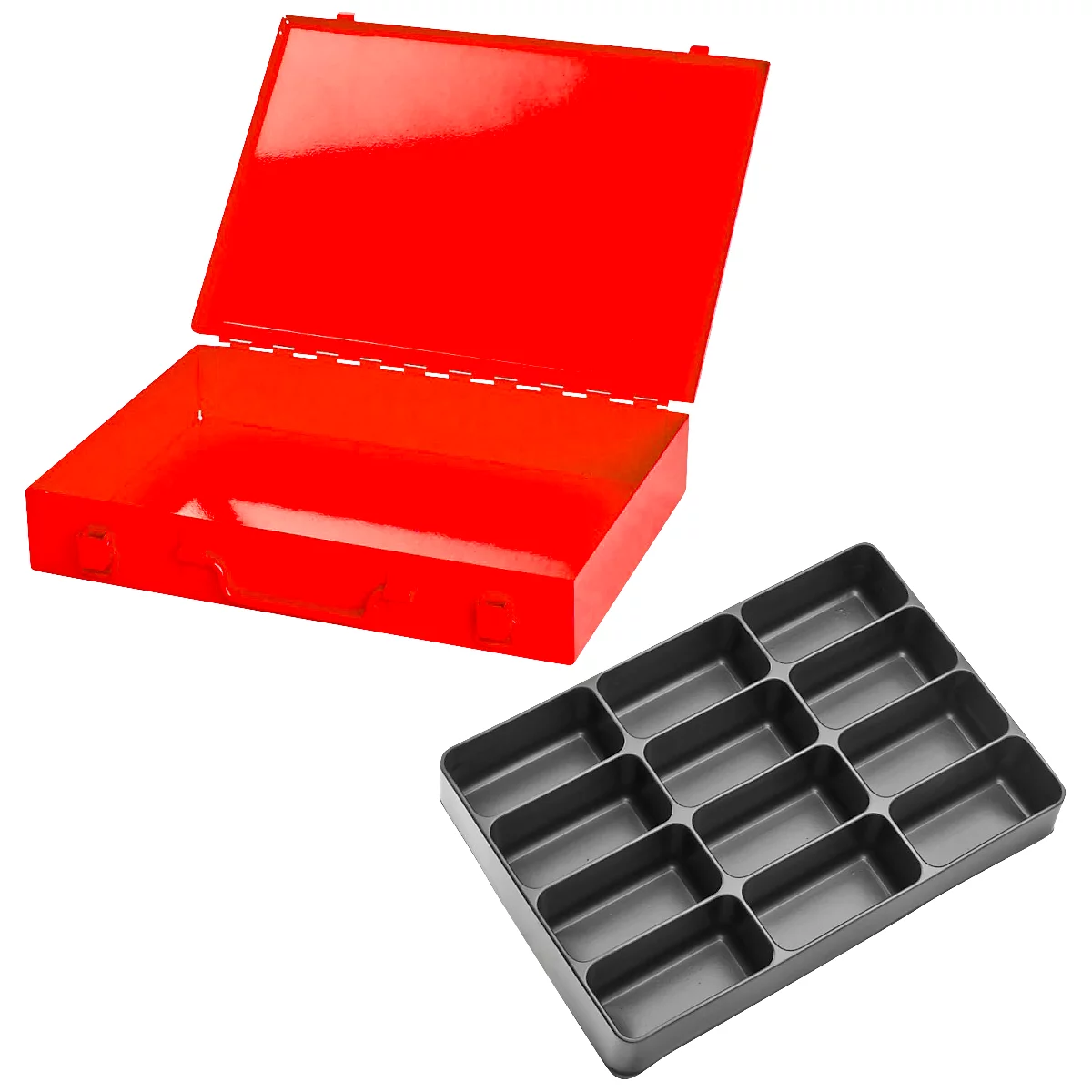 Mallette d'assortiment ADB, vide, 12 compartiments, verrouillable, avec poignée, L 330 x P 230 x H 50 mm, acier &amp; plastique ABS, rouge trafic RAL 3020