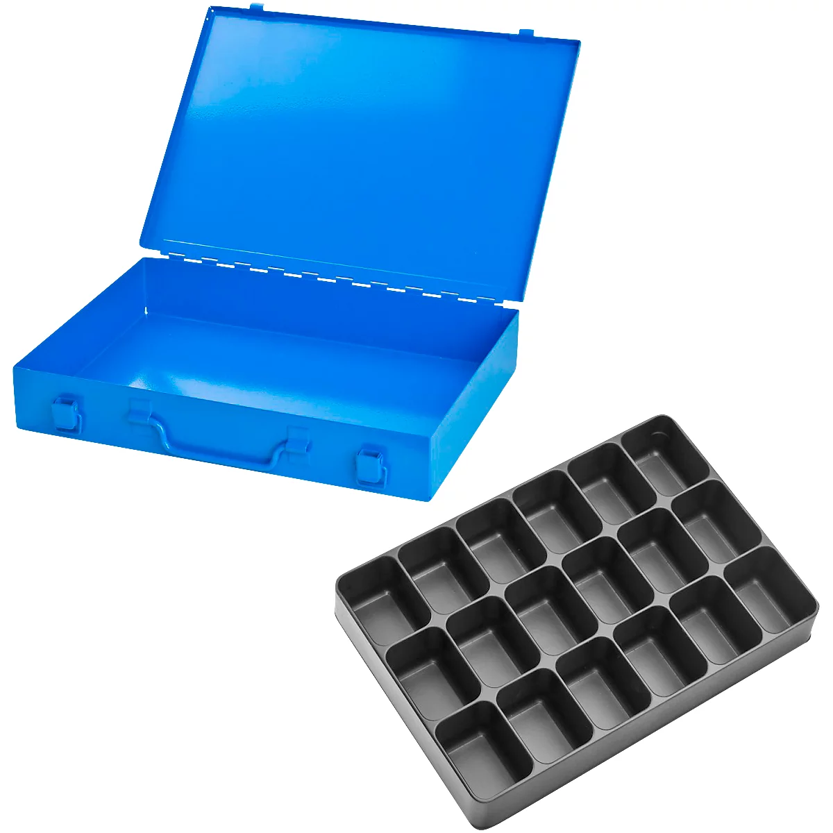Mallette d'assortiment ADB, vide, 18 compartiments, verrouillable, avec poignée, L 330 x P 230 x H 50 mm, acier &amp; plastique ABS, bleu clair RAL 5012
