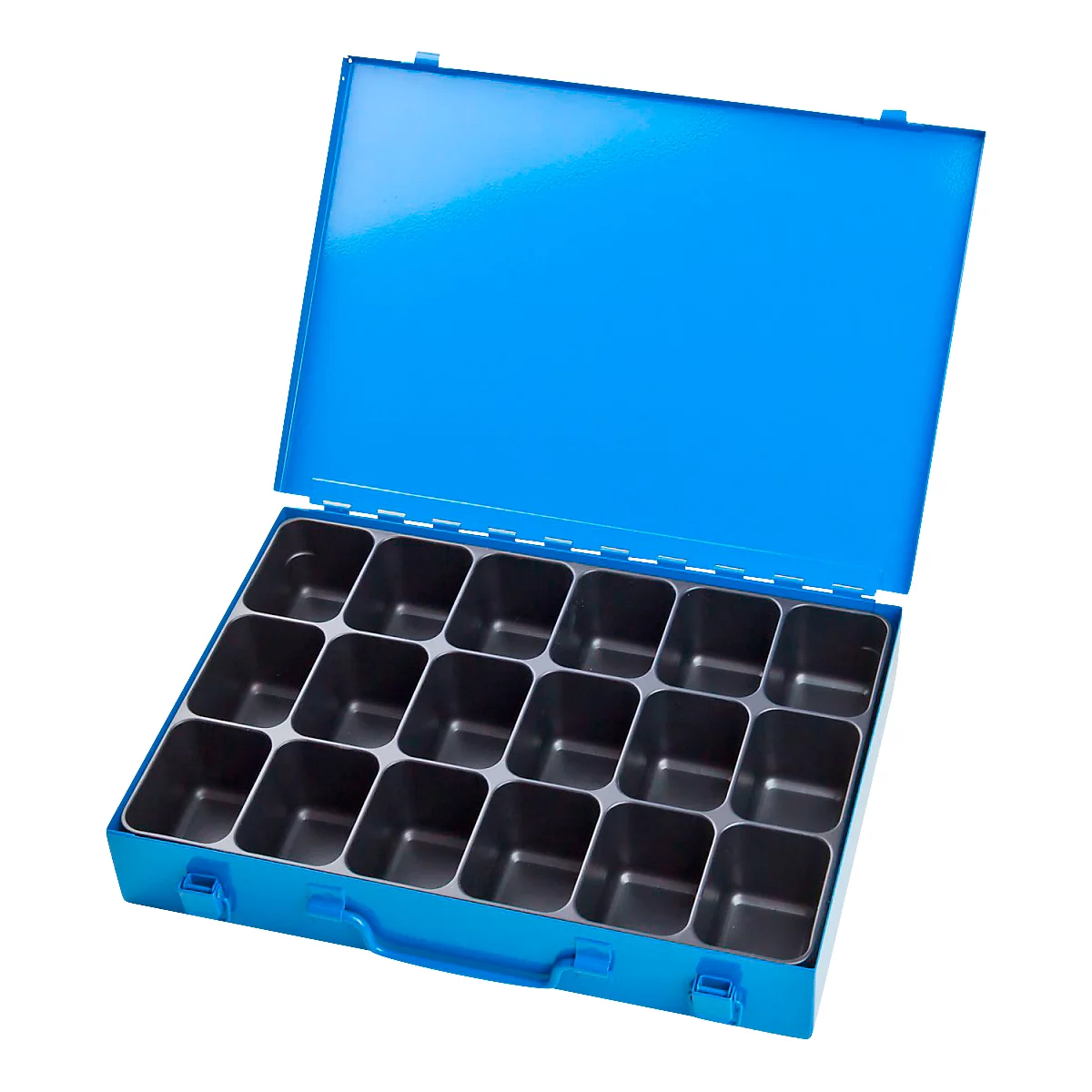 Mallette d'assortiment ADB, vide, 18 compartiments, verrouillable, avec poignée, L 330 x P 230 x H 50 mm, acier &amp; plastique ABS, bleu clair RAL 5012