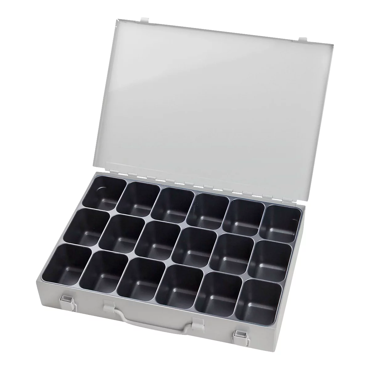 Mallette d'assortiment ADB, vide, 18 compartiments, verrouillable, avec poignée, L 330 x P 230 x H 50 mm, acier &amp; plastique ABS, gris clair RAL 7035