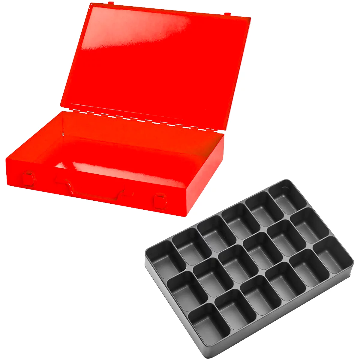 Mallette d'assortiment ADB, vide, 18 compartiments, verrouillable, avec poignée, L 330 x P 230 x H 50 mm, acier &amp; plastique ABS, rouge trafic RAL 3020