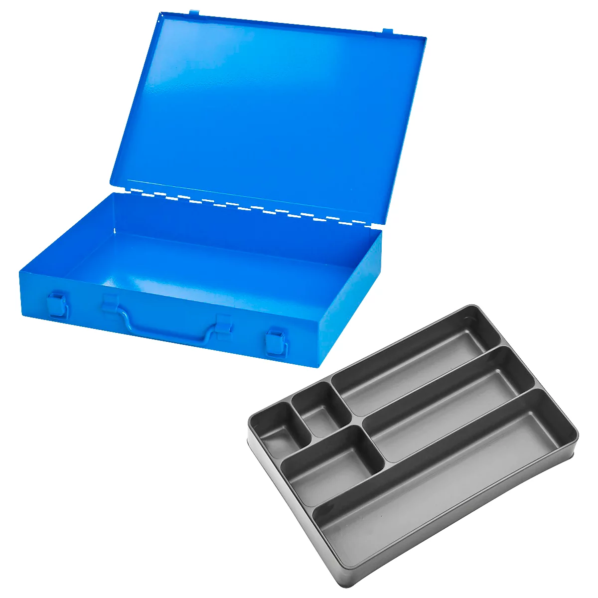 Mallette d'assortiment ADB, vide, 6 compartiments, verrouillable, avec poignée, L 330 x P 230 x H 50 mm, acier &amp; plastique ABS, bleu clair RAL 5012