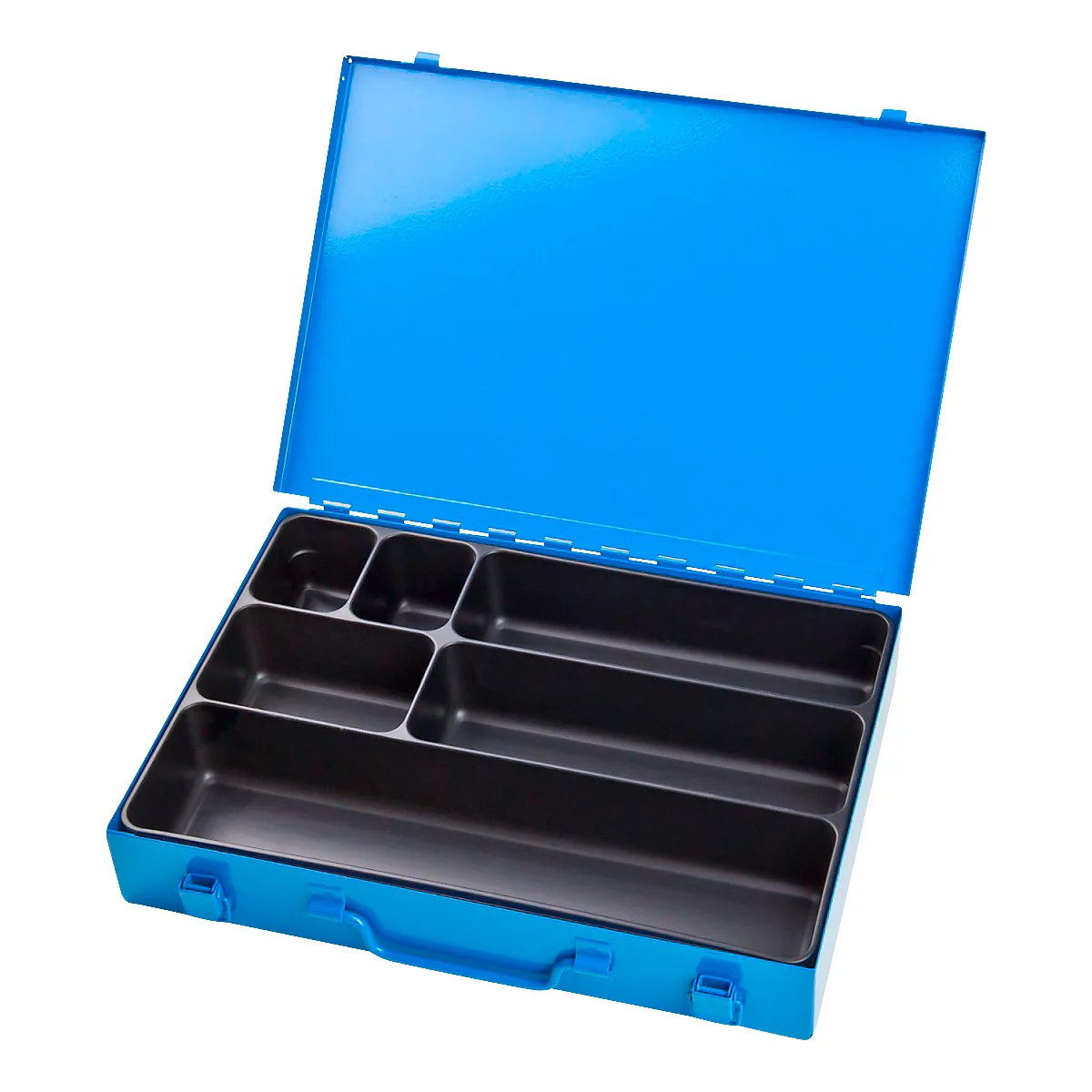 Mallette d'assortiment ADB, vide, 6 compartiments, verrouillable, avec poignée, L 330 x P 230 x H 50 mm, acier &amp; plastique ABS, bleu clair RAL 5012