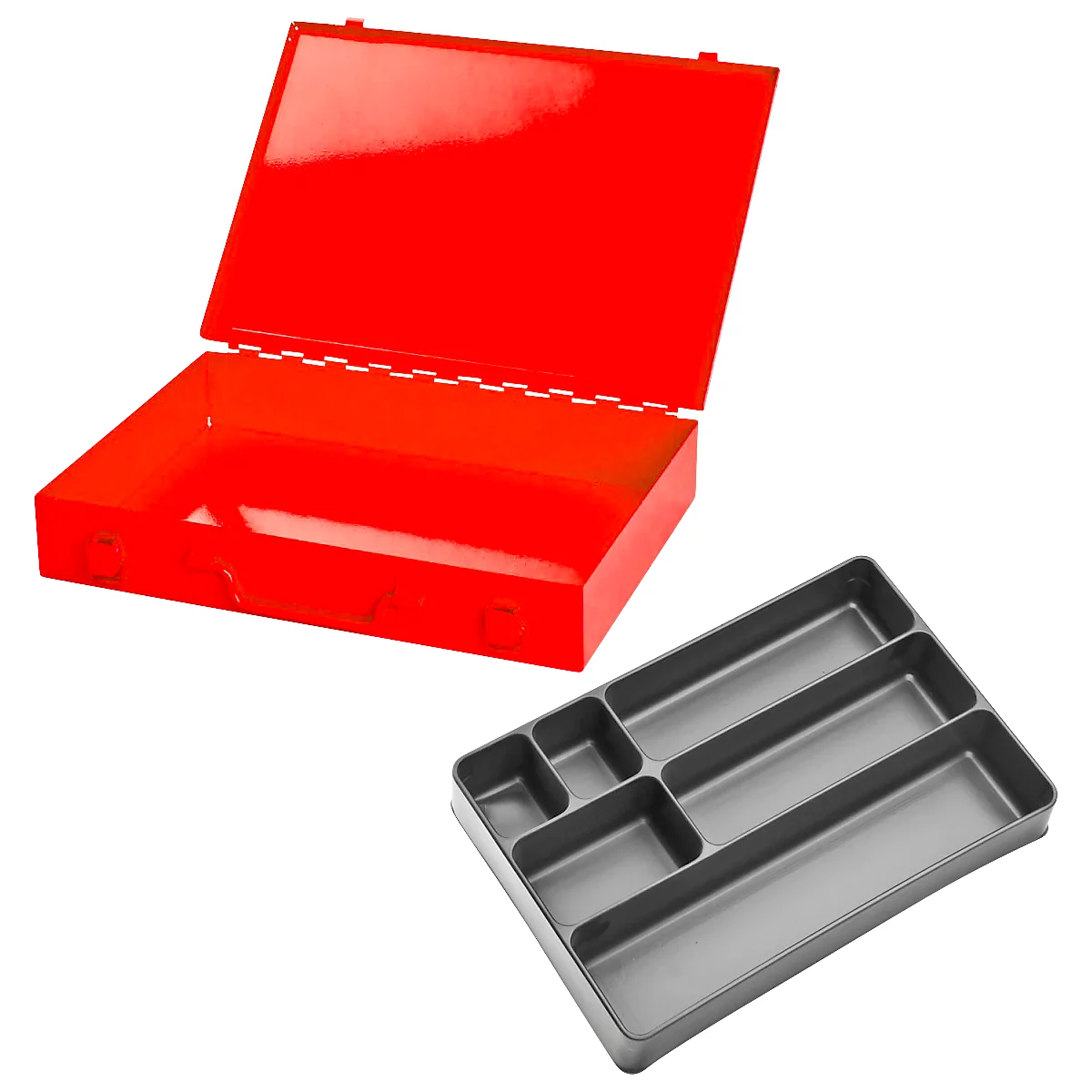 Mallette d'assortiment ADB, vide, 6 compartiments, verrouillable, avec poignée, L 330 x P 230 x H 50 mm, acier &amp; plastique ABS, rouge trafic RAL 3020