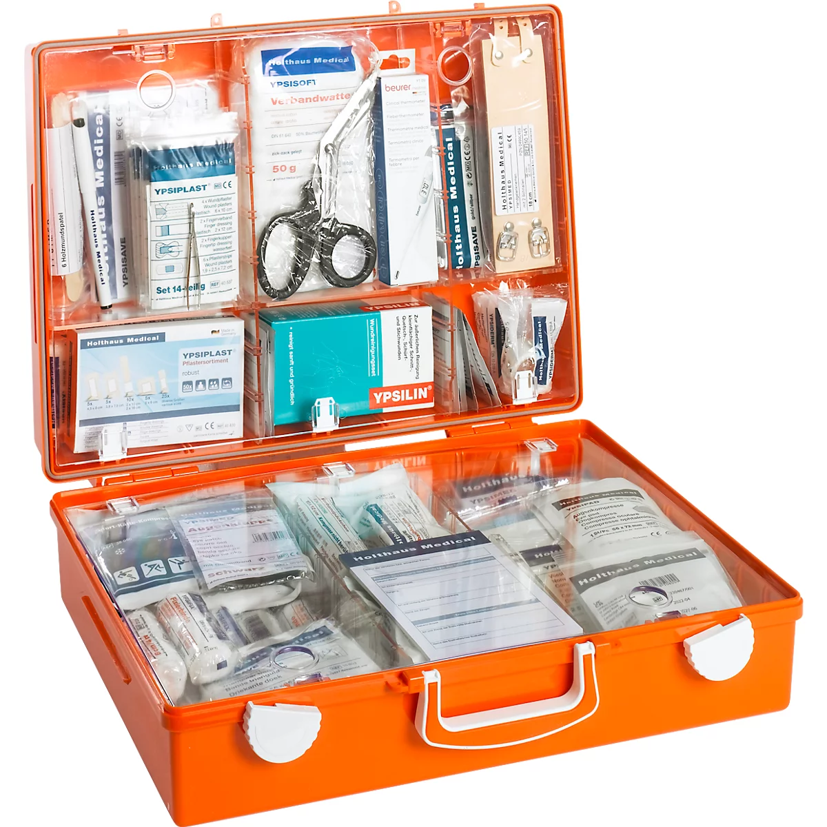 Mallette de premiers secours MULTI, remplie avec DIN 13169 (étendue), L 400 x P 300 x H 150 mm, plastique ABS, orange