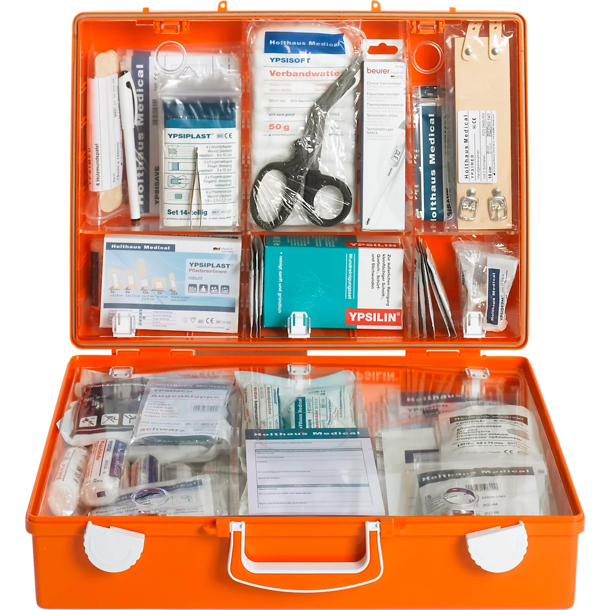 Mallette de premiers secours MULTI, remplie avec DIN 13169 (étendue), L 400 x P 300 x H 150 mm, plastique ABS, orange