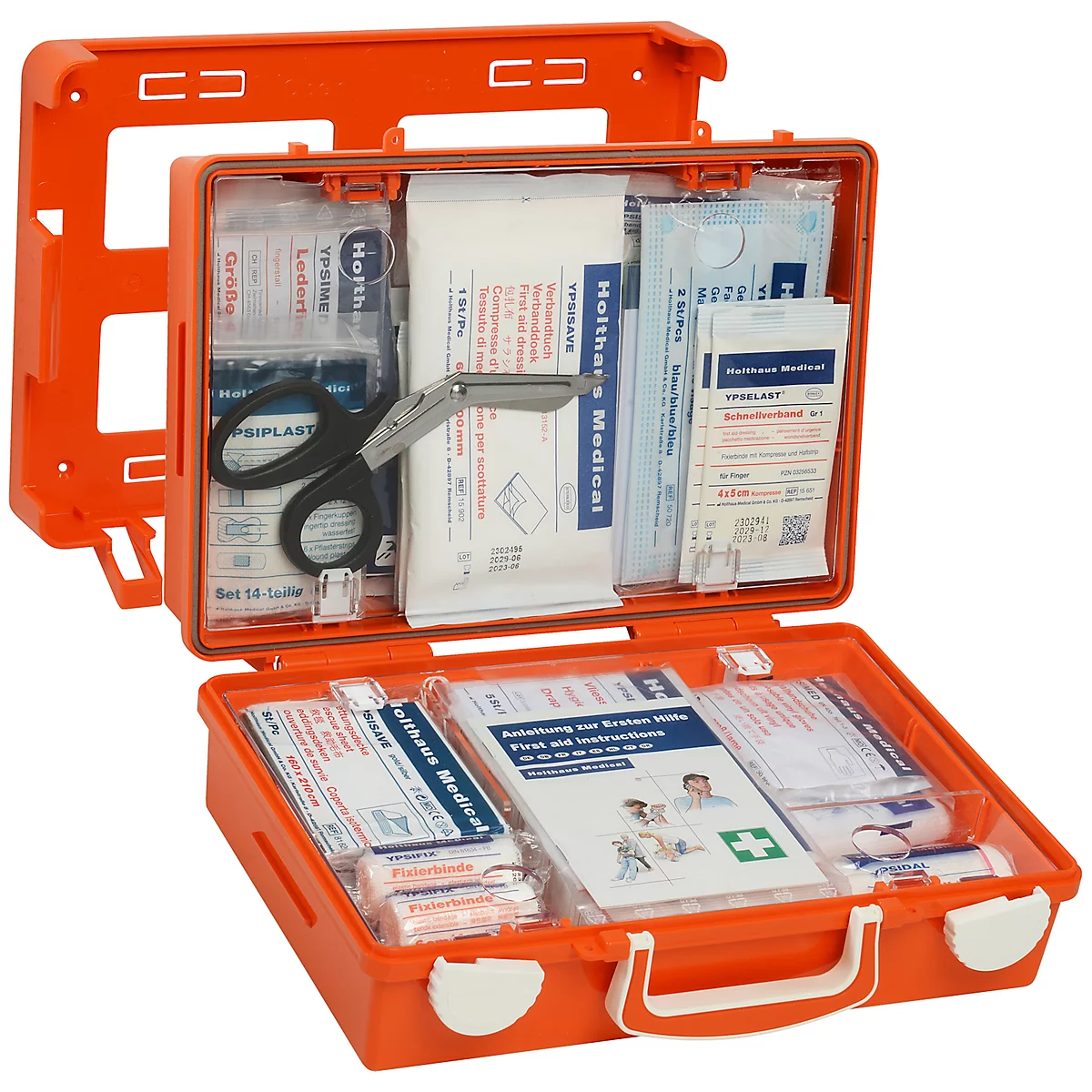 Mallette de premiers secours SAN, remplie avec DIN 13157 (étendue), L 310 x P 210 x H 130 mm, plastique ABS, orange