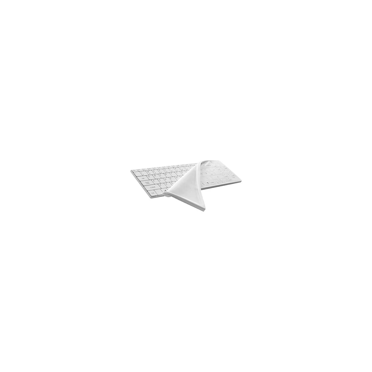 Ein weißes Keyboard mit Tastaturschutz, teilweise abgezogen.
