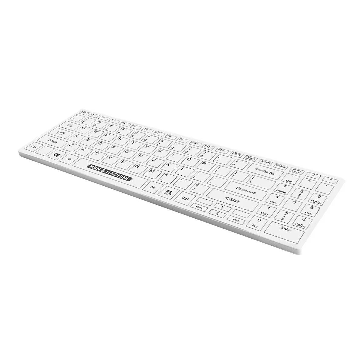 Weißes Computer-Keyboard mit Buchstaben, Zahlen und Symbolen. Der Schriftzug "MAN & MACHINE" ist aufgedruckt.