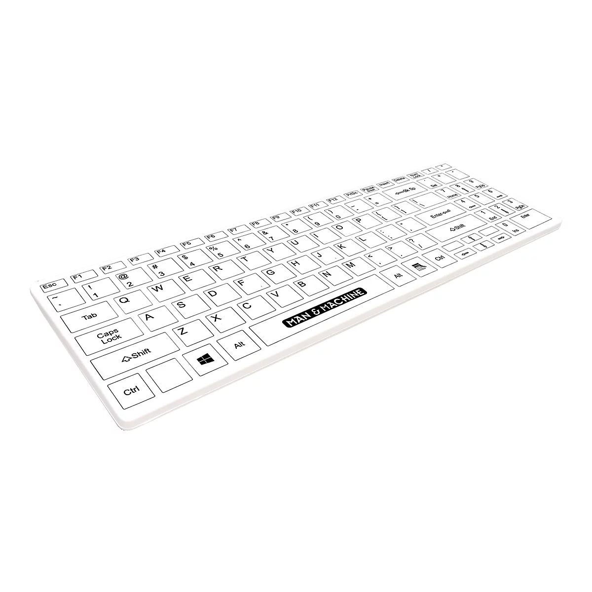 WeiÃŸes Keyboard mit schwarzen Buchstaben und dem Schriftzug MAN & MACHINE.