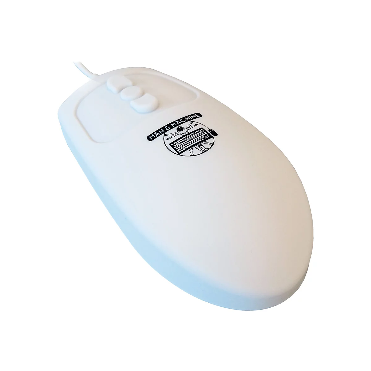 WeiÃŸe Computermaus mit Kabel und Logo.