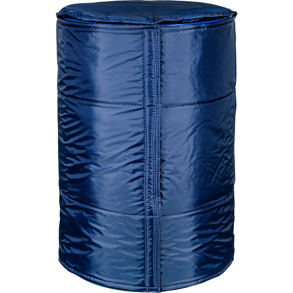 Conteneur cylindrique bleu rembourré avec fermeture éclair.