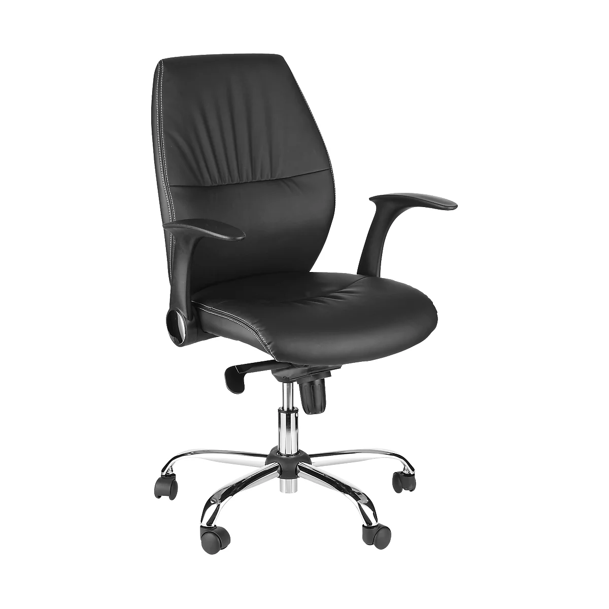 Black leather office chair with chrome frame and castors. Armrests and backrest are ergonomically shaped.