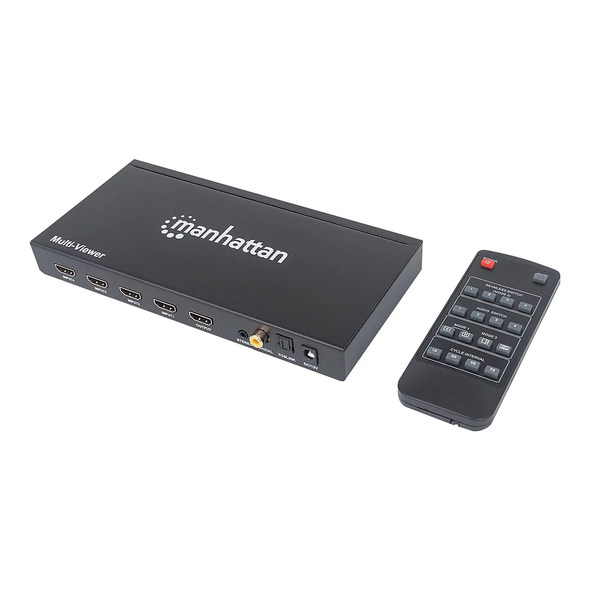 Manhattan 1080p 4-Port HDMI Multiviewer Switch, Switch with Four Inputs on One Display, Video Bandwidth Amplifier, Remote Control, Black, Three Year Warranty, Box - Video/Audio-Schalter - 4 Anschlüsse