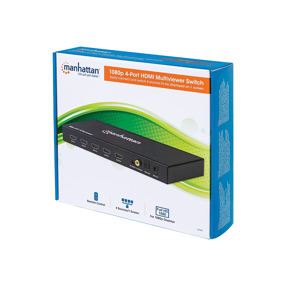 Manhattan 1080p 4-Port HDMI Multiviewer Switch, Switch with Four Inputs on One Display, Video Bandwidth Amplifier, Remote Control, Black, Three Year Warranty, Box - Video/Audio-Schalter - 4 Anschlüsse