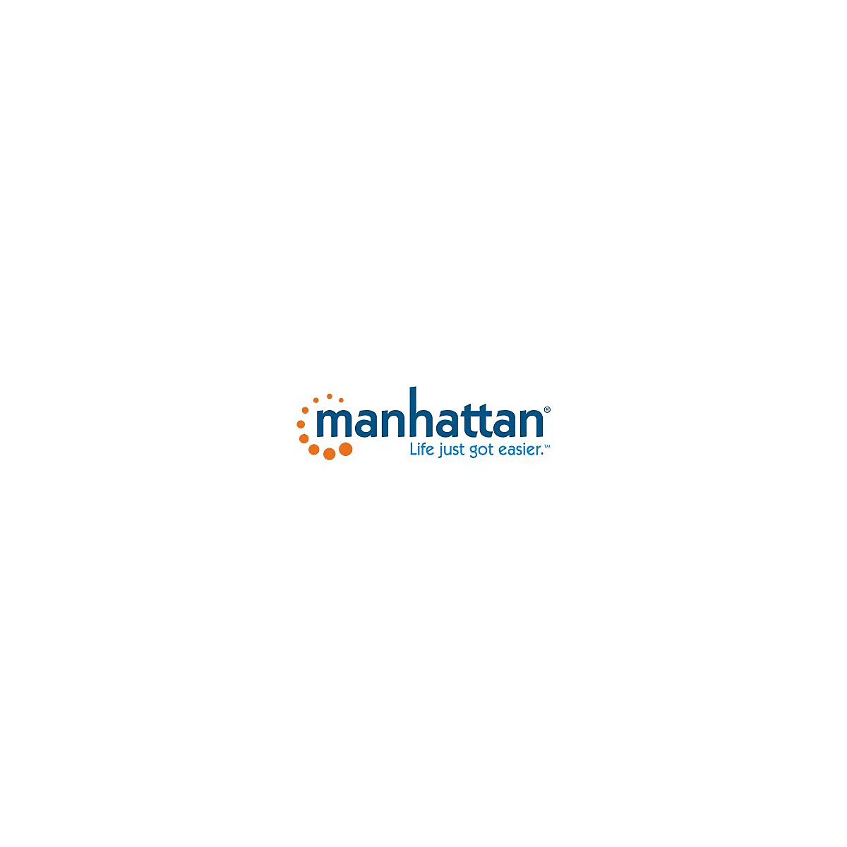Manhattan Firmenlogo mit blauem Schriftzug und orangefarbenem Punkt-Symbol auf weißem Hintergrund.