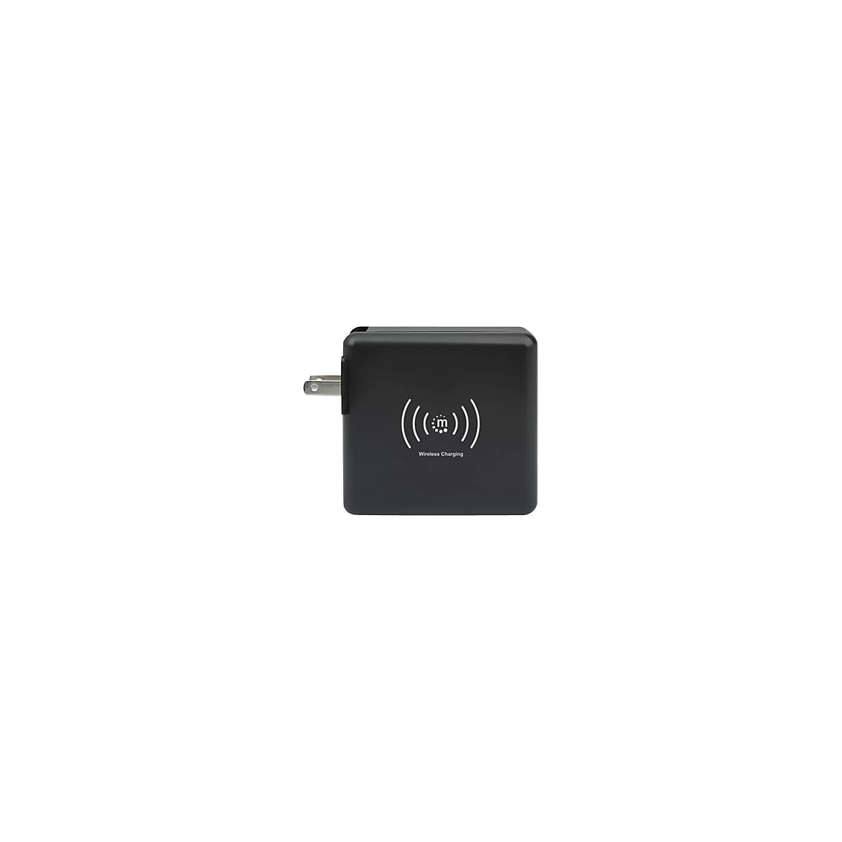 Schwarzes quadratisches kabelloses Ladegerät mit Netzstecker und Wireless-Charging-Symbol.