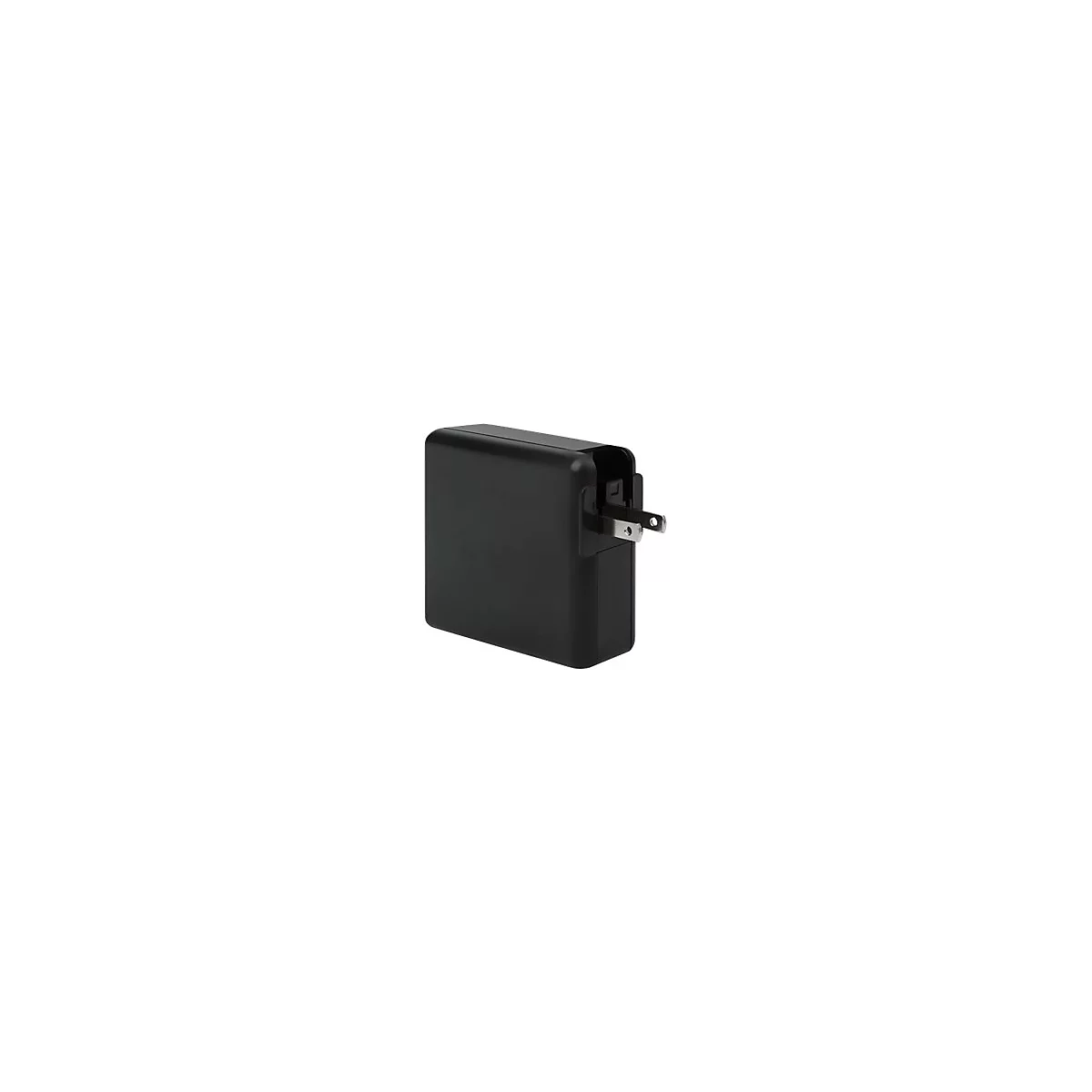 Schwarzes Netzteil mit ausklappbarem US-Stecker vor neutralem Hintergrund.