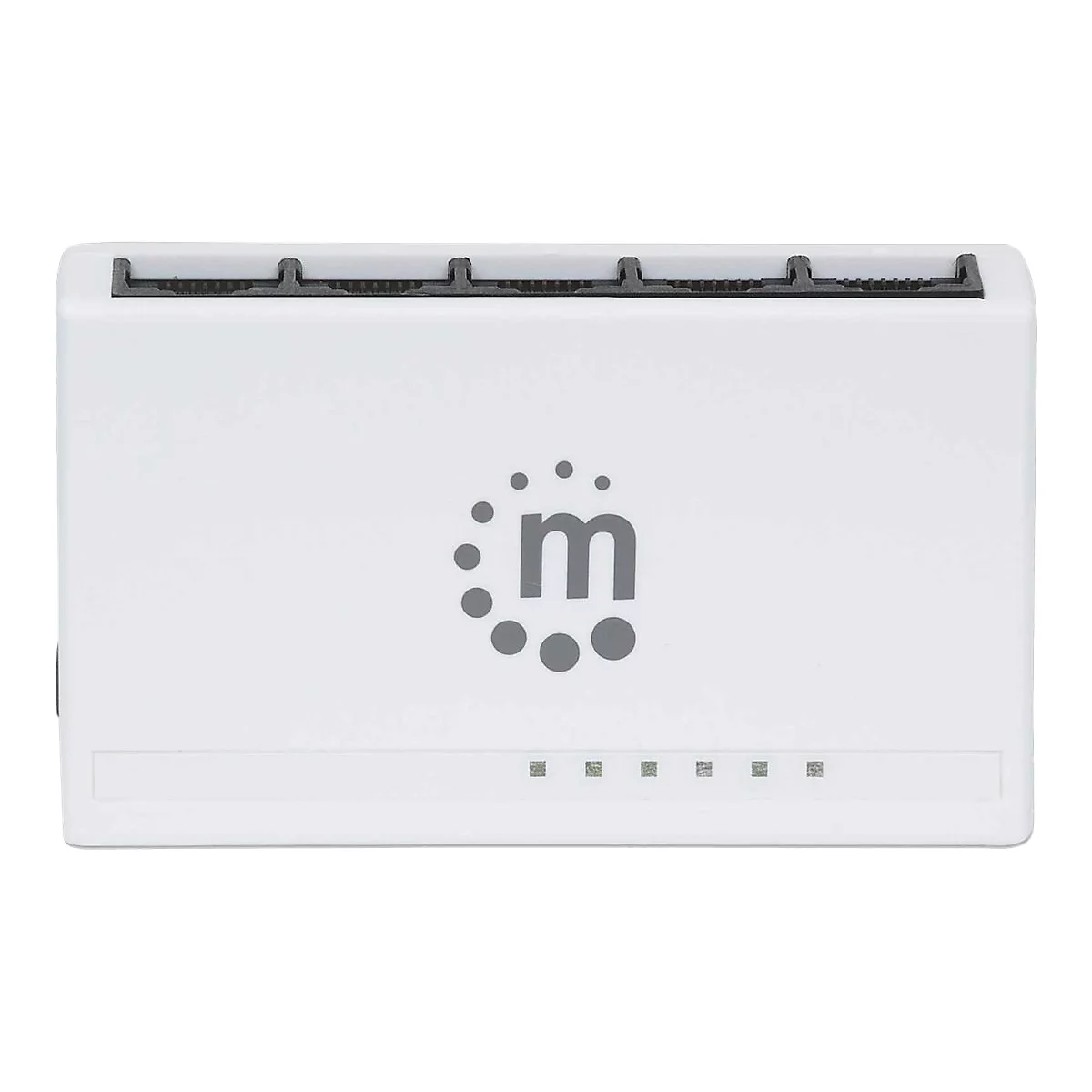 Weißer Netzwerk-Switch mit dem m-Logo und fünf Ethernet-Anschlüssen an der Oberseite.