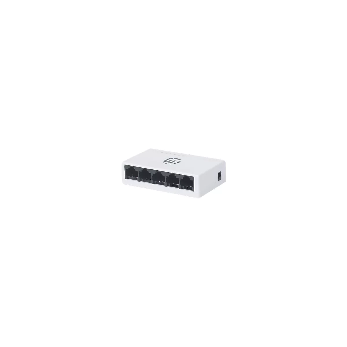Weißer Netzwerk-Switch mit fünf schwarzen LAN-Anschlüssen vor neutralem Hintergrund.