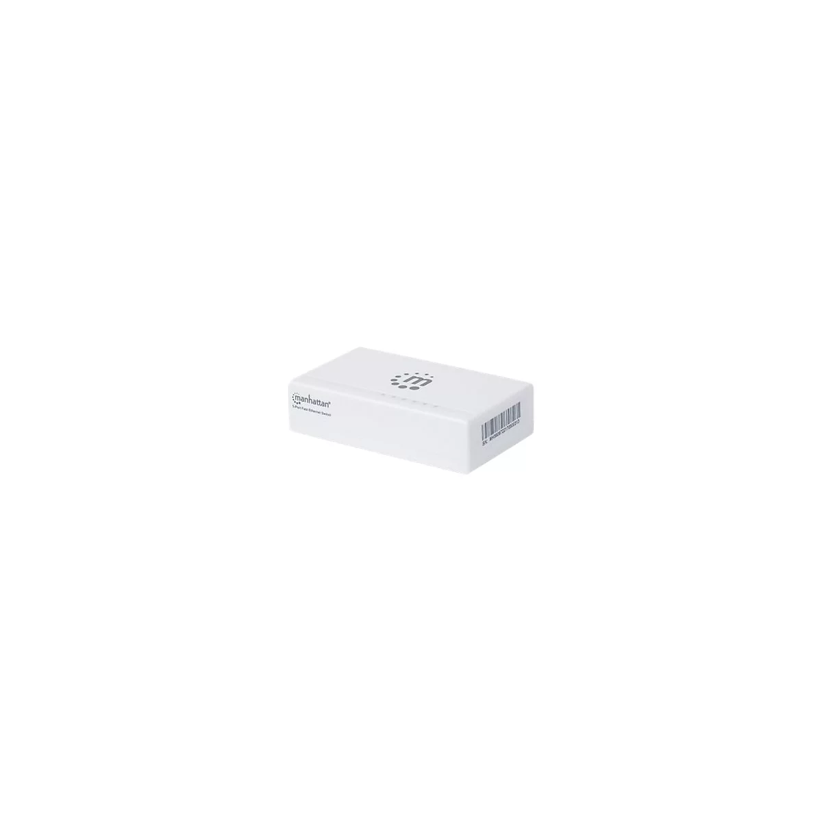 Weißer Manhattan 5-Port Fast Ethernet Switch mit Markenlogo vor weißem Hintergrund.