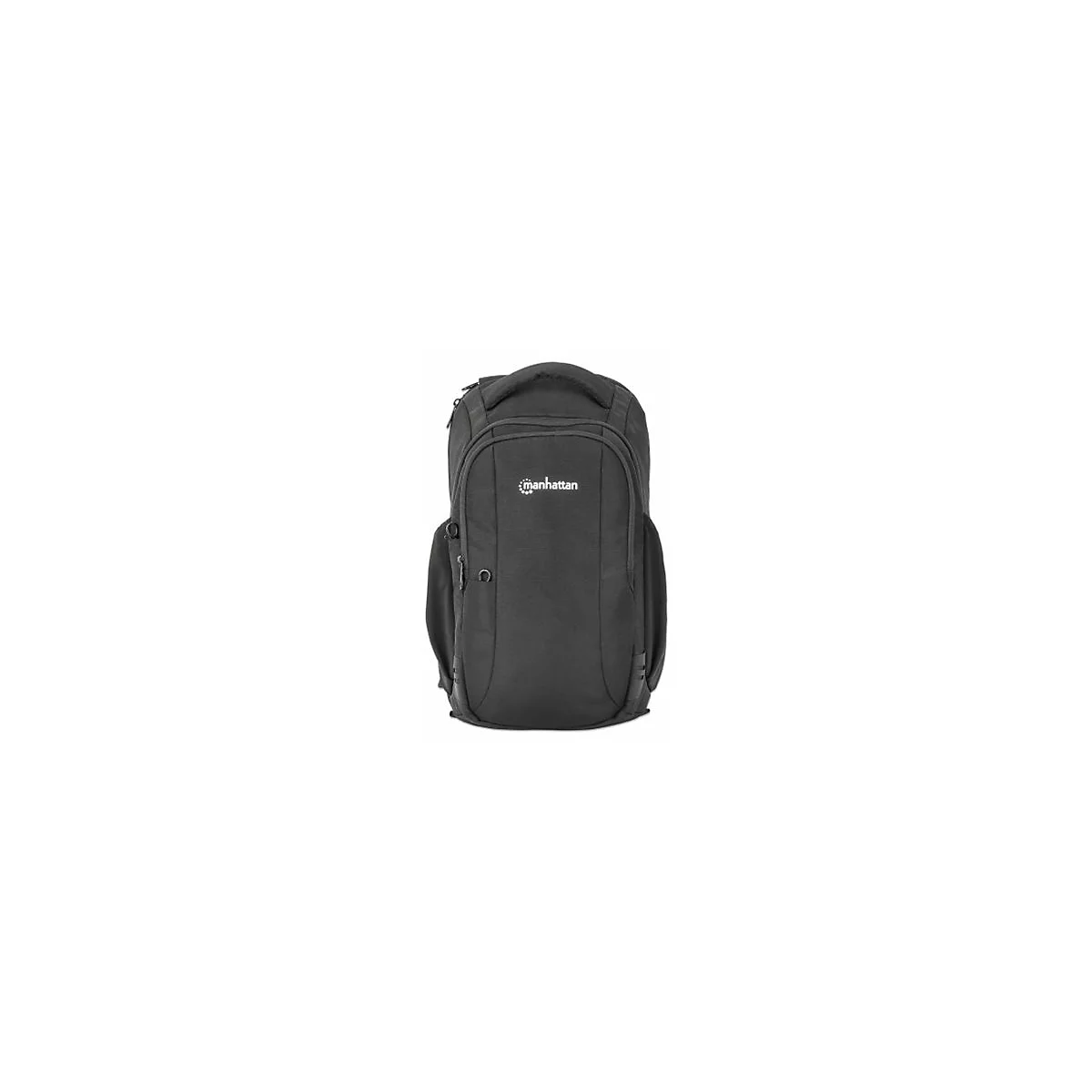 Schwarzer Manhattan Rucksack mit Reißverschlüssen vor weißem Hintergrund.