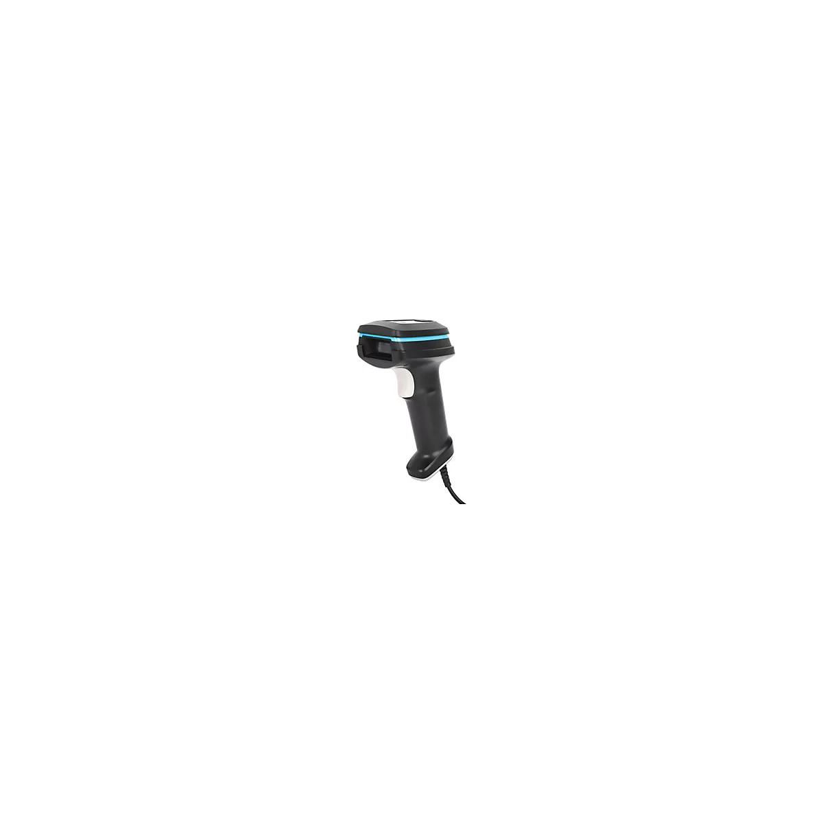 Handscanner, schwarz mit blauem Akzent, weißer Knopf, Kabelanschluss.