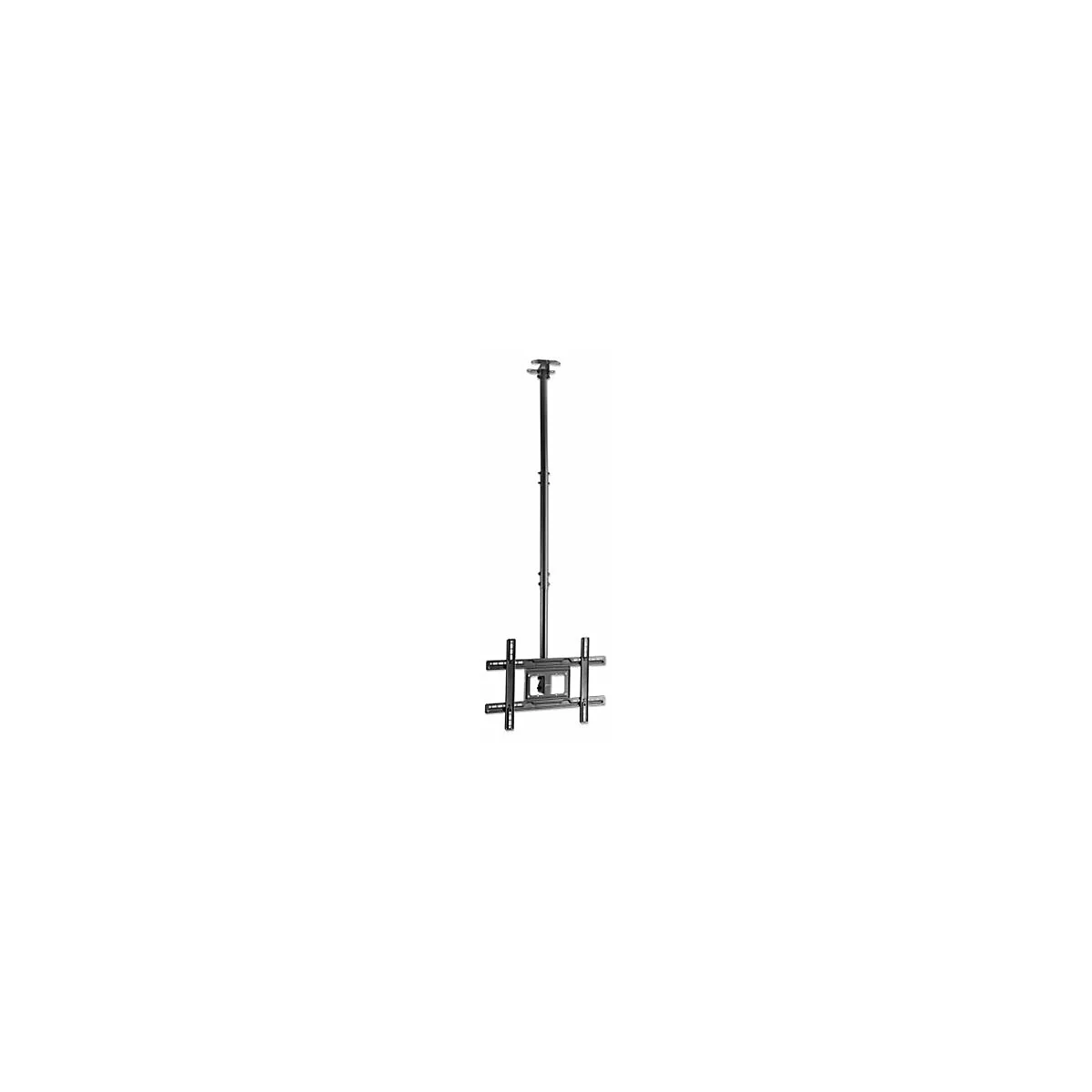 Schwarze Deckenhalterung für Fernseher mit verstellbarem Teleskoparm vor weißem Hintergrund.