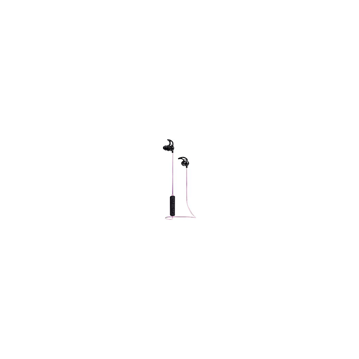 Schwarze In-Ear-Kopfhörer mit rosafarbenem Kabel und Bedienelement vor weißem Hintergrund.