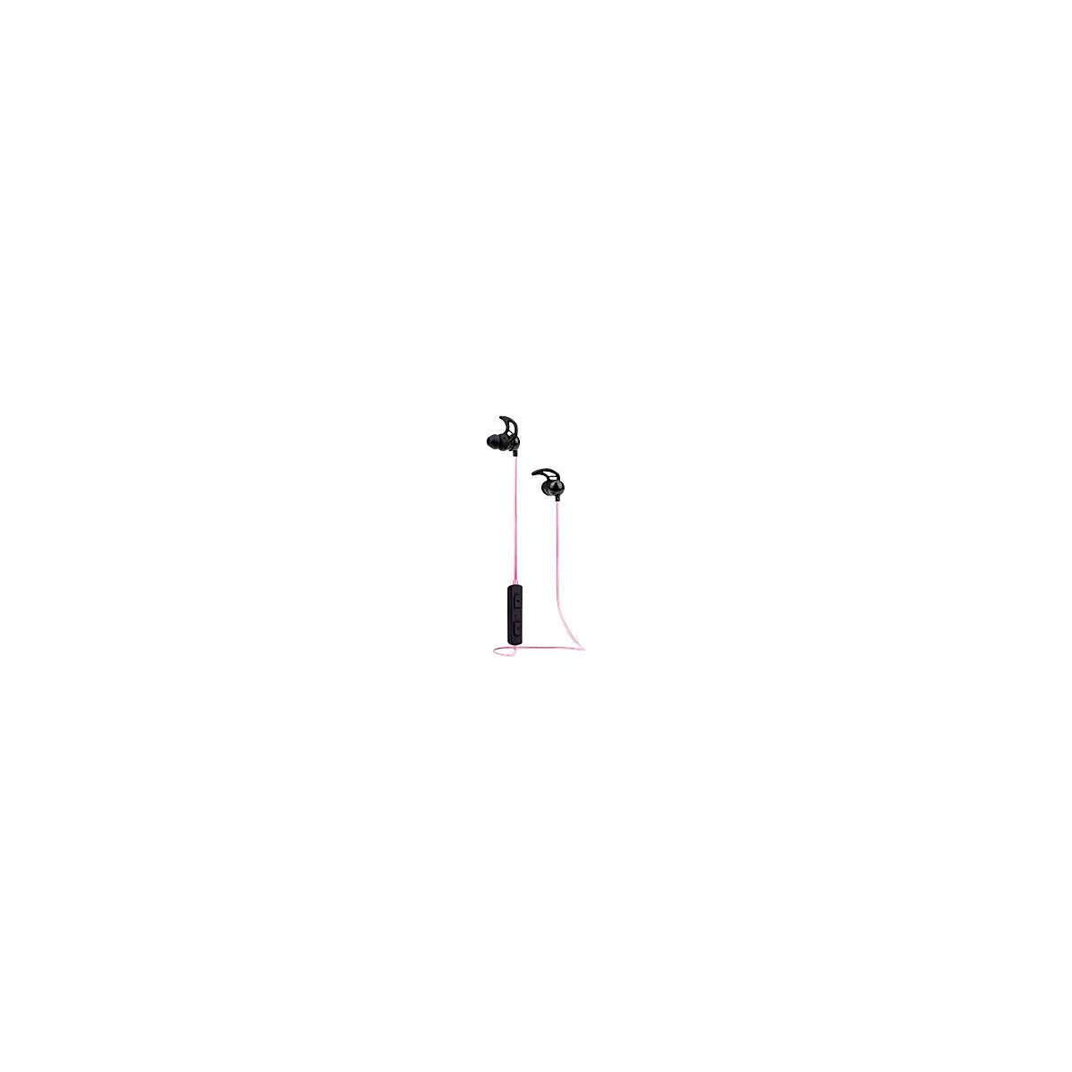 Schwarze In-Ear-Kopfhörer mit pinkem Kabel und Bedienelement vor weißem Hintergrund.