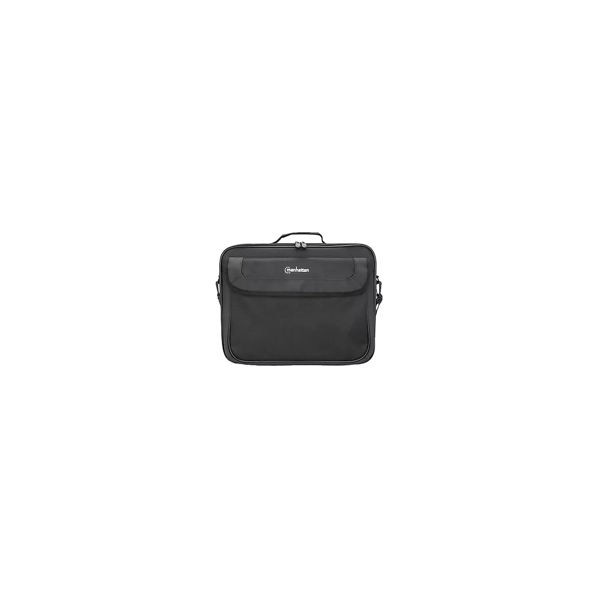 Schwarze Manhattan Laptoptasche mit Tragegriff und Logo vor weißem Hintergrund.