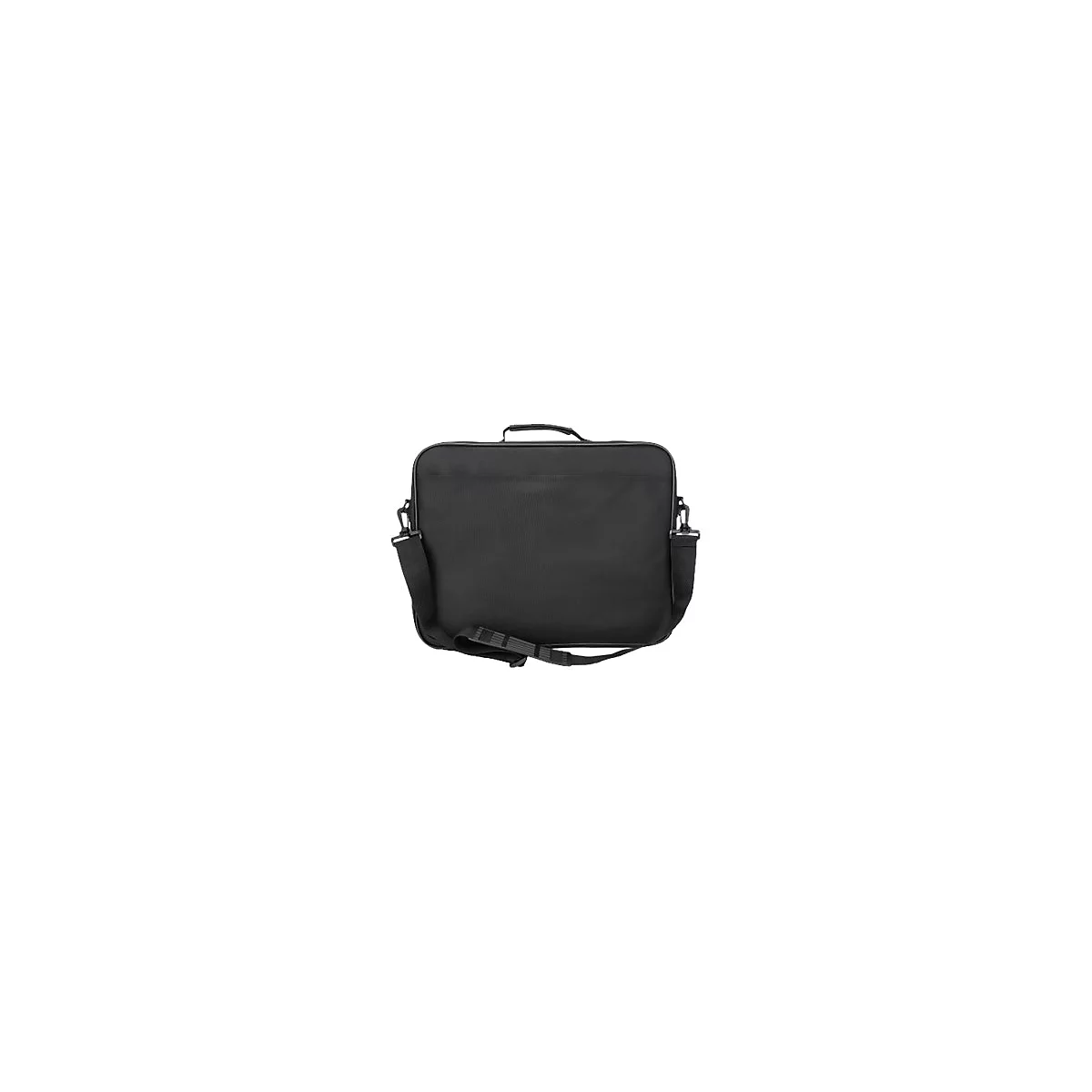 Schwarze Laptoptasche mit Tragegriff und verstellbarem Schultergurt vor weißem Hintergrund.