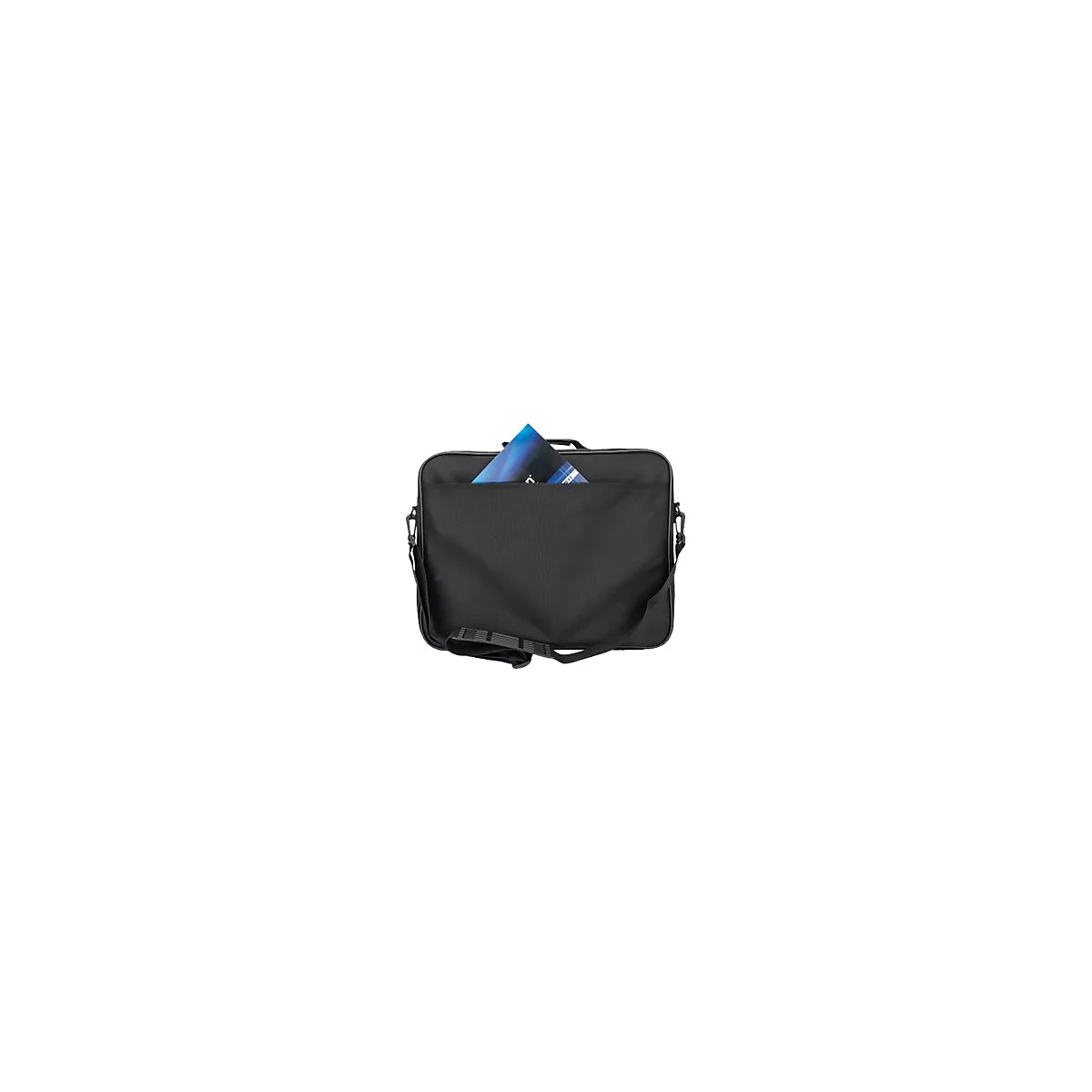 Schwarze Laptoptasche mit verstellbarem Tragegurt und eingesteckter Dokumentenmappe vor weißem Hintergrund.