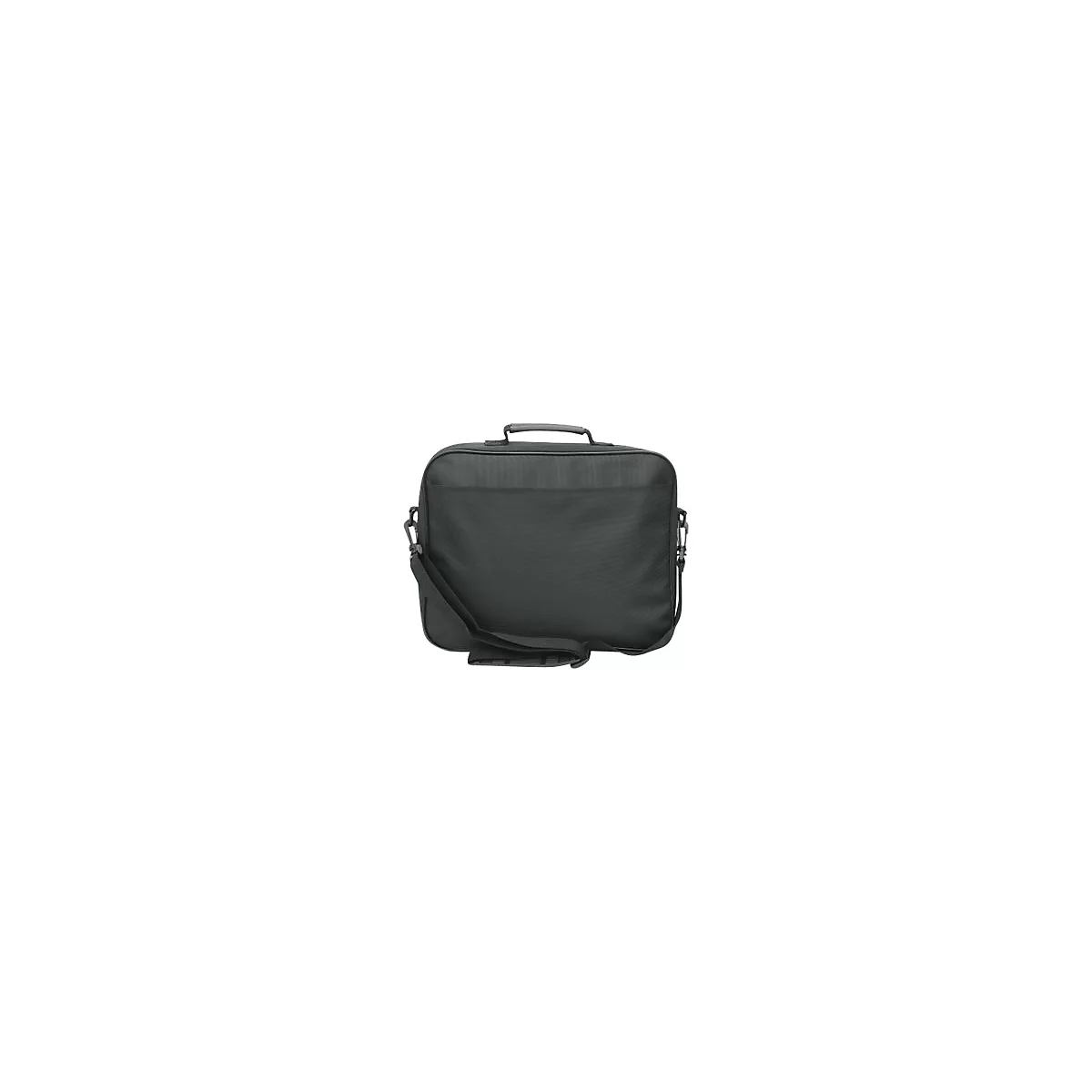 Schwarze Laptoptasche mit Tragegriff und verstellbarem Schultergurt vor weißem Hintergrund.