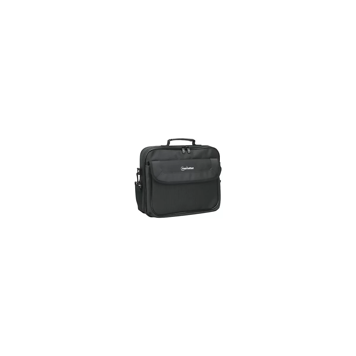 Schwarze Laptoptasche mit Tragegriff und Manhattan-Logo auf weißem Hintergrund.