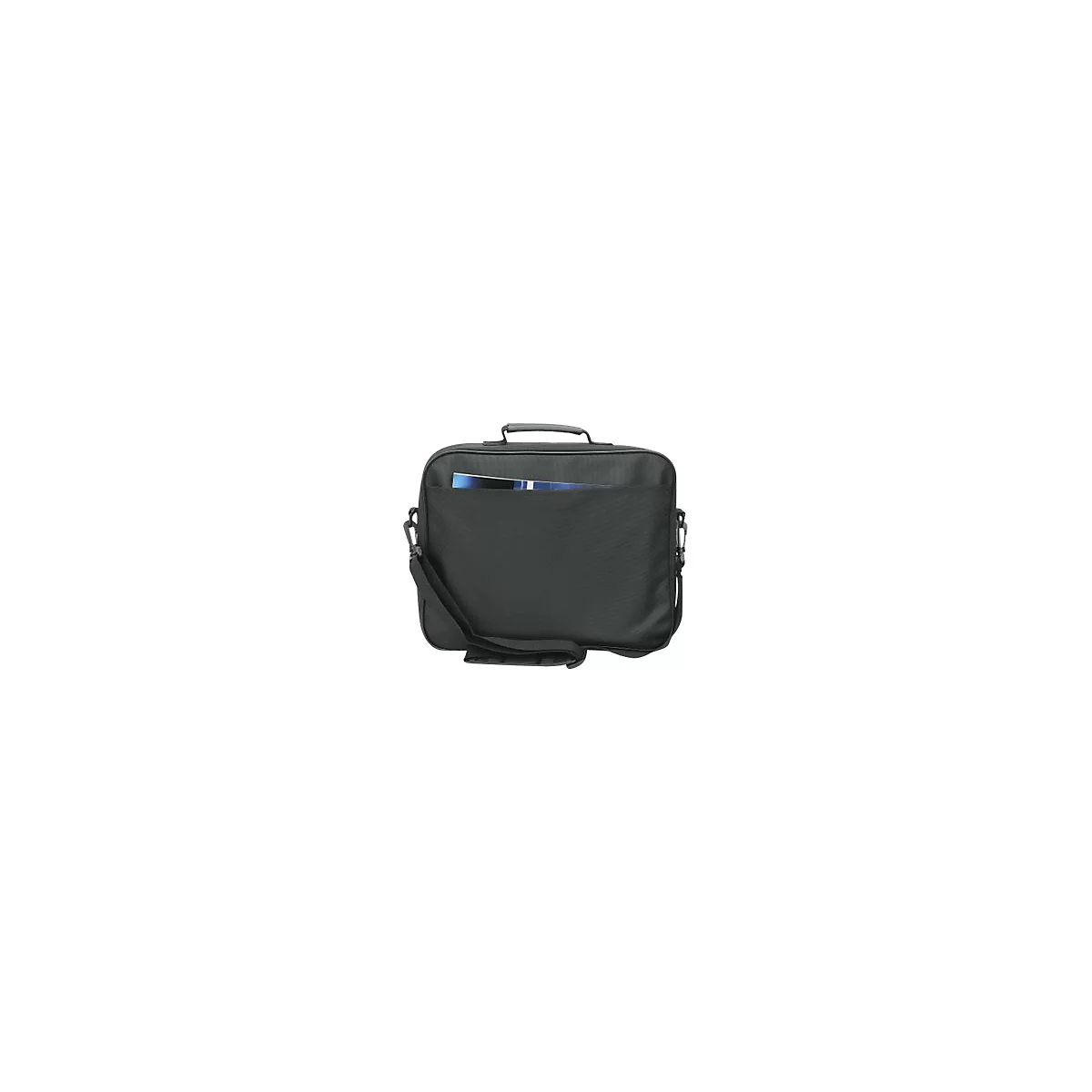 Schwarze Laptoptasche mit Tragegriff und Schultergurt vor neutralem Hintergrund.