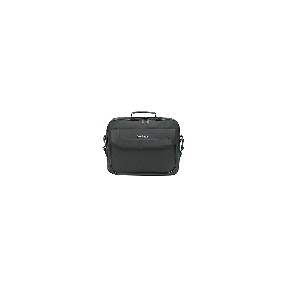 Schwarze Manhattan Laptoptasche mit Tragegriff und Logo vor weißem Hintergrund.